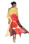 Shop_ISADAA BY ROTNA DUTT_Yellow Georgette, Satin Round Neck Digital Printed Floral Kaftan _at_Aza_Fashions
