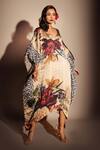 Buy_ISADAA BY ROTNA DUTT_Beige Georgette Foil Printing V-neck Digital Printed Kaftan With Satin Border _at_Aza_Fashions