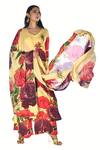 ISADAA BY ROTNA DUTT_Yellow Organza, Satin V-neck Digital Floral Printed Kurta, Palazzo And Dupatta _Online_at_Aza_Fashions