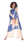 ISADAA BY ROTNA DUTT_White Satin, Georgette Mandarin Collar Digital Printed Kurta And Palazzo Set _Online_at_Aza_Fashions