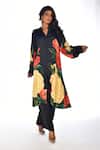 Buy_ISADAA BY ROTNA DUTT_Black Satin, Georgette Split V-neck Digital Floral Print Kurta And Palazzo Set _at_Aza_Fashions