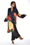 ISADAA BY ROTNA DUTT_Black Satin, Georgette Split V-neck Digital Floral Print Kurta And Palazzo Set _Online_at_Aza_Fashions