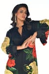 Shop_ISADAA BY ROTNA DUTT_Black Satin, Georgette Split V-neck Digital Floral Print Kurta And Palazzo Set _Online_at_Aza_Fashions