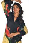 ISADAA BY ROTNA DUTT_Black Satin, Georgette Split V-neck Digital Floral Print Kurta And Palazzo Set _at_Aza_Fashions