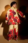 Shop_ISADAA BY ROTNA DUTT_Yellow Satin, Georgette Collared Digital Printed Floral Shirt And Pant Set _at_Aza_Fashions