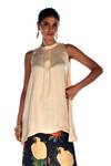 Shop_ISADAA BY ROTNA DUTT_Beige Satin, Georgette Round Neck Sleeveless Tunic And Digital Printed Flared Pant _Online_at_Aza_Fashions