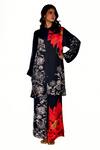 Shop_ISADAA BY ROTNA DUTT_Black Satin, Georgette Mandarin Collar Digital Print Tunic And Flared Pant Set _Online_at_Aza_Fashions