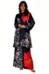 Buy_ISADAA BY ROTNA DUTT_Black Satin, Georgette Mandarin Collar Digital Print Tunic And Flared Pant Set _at_Aza_Fashions