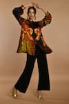 ISADAA BY ROTNA DUTT_Black Satin, Georgette Mandarin Collar Digital Printed Leopard And Floral Top Set _Online_at_Aza_Fashions