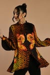 Buy_ISADAA BY ROTNA DUTT_Black Satin, Georgette Mandarin Collar Digital Printed Leopard And Floral Top Set _Online_at_Aza_Fashions