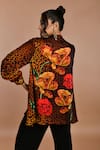 Shop_ISADAA BY ROTNA DUTT_Black Satin, Georgette Mandarin Collar Digital Printed Leopard And Floral Top Set _at_Aza_Fashions