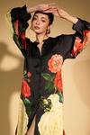 Shop ISADAA BY ROTNA DUTT Black Satin, Georgette Split V-neck Digital Printed Floral Shirt Dress Online at Aza Fashions Shop_ISADAA BY ROTNA DUTT_Black Satin, Georgette Split V-neck Digital Printed Floral Shirt Dress _Online_at_Aza_Fashions