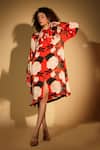 Shop_ISADAA BY ROTNA DUTT_Red Satin, Georgette Collared Digital Printed Floral Shirt Dress _Online_at_Aza_Fashions