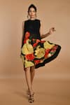 Buy_ISADAA BY ROTNA DUTT_Black Satin, Georgette Round Neck Digital Printed Floral Dress _at_Aza_Fashions