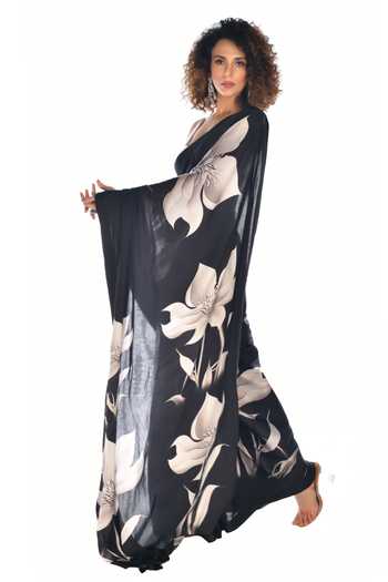 ISADAA BY ROTNA DUTT_Black Georgette Digital Printed Saree With Satin Border _Online_at_Aza_Fashions