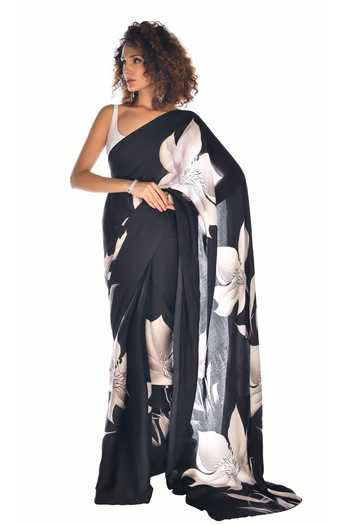 Buy_ISADAA BY ROTNA DUTT_Black Georgette Digital Printed Saree With Satin Border _at_Aza_Fashions