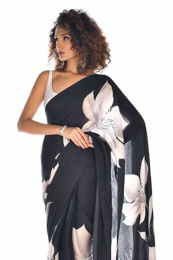 Buy_ISADAA BY ROTNA DUTT_Black Georgette Digital Printed Saree With Satin Border _Online_at_Aza_Fashions