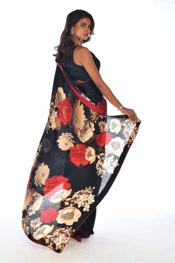 Shop_ISADAA BY ROTNA DUTT_Black Georgette Digital Printed Saree With Satin Border _at_Aza_Fashions