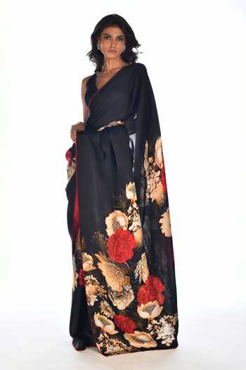Shop_ISADAA BY ROTNA DUTT_Black Georgette Digital Printed Saree With Satin Border _Online_at_Aza_Fashions