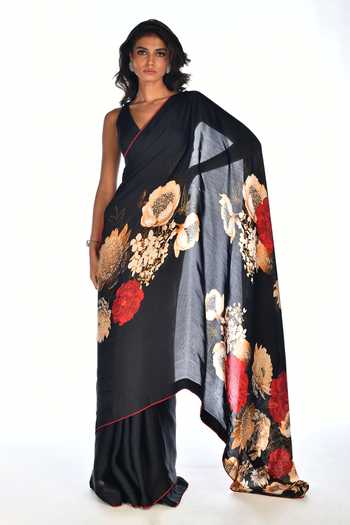 Buy_ISADAA BY ROTNA DUTT_Black Georgette Digital Printed Saree With Satin Border _at_Aza_Fashions