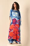 Buy_ISADAA BY ROTNA DUTT_Blue Satin, Georgette Round Neck Digital Printed Kaftan And Pant Set _at_Aza_Fashions