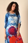 ISADAA BY ROTNA DUTT_Blue Satin, Georgette Round Neck Digital Printed Kaftan And Pant Set _Online_at_Aza_Fashions