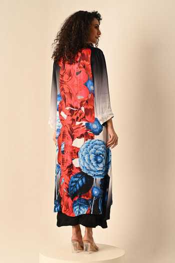 Shop_ISADAA BY ROTNA DUTT_Blue Georgette, Satin Split V-neck Digital Printed Ombre Kurta And Pant Set _at_Aza_Fashions