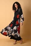 ISADAA BY ROTNA DUTT_Black Satin, Georgette Collared Digital Floral Printed Kurta And Palazzo Set _Online_at_Aza_Fashions