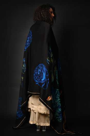 Shop_Isadaa By Rotna Dutt_Black Satin, Organza Split V-neck Digital Printed Dupatta Kurta Set _at_Aza_Fashions