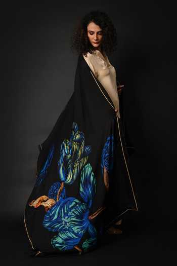 Isadaa By Rotna Dutt_Black Satin, Organza Split V-neck Digital Printed Dupatta Kurta Set _Online_at_Aza_Fashions