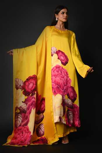 Buy_ISADAA BY ROTNA DUTT_Yellow Satin, Georgette, Organza Round Digital Print Kurta, Pant And Dupatta Set _at_Aza_Fashions