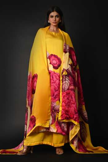 Buy_ISADAA BY ROTNA DUTT_Yellow Satin, Georgette, Organza Round Digital Print Kurta, Pant And Dupatta Set _Online_at_Aza_Fashions