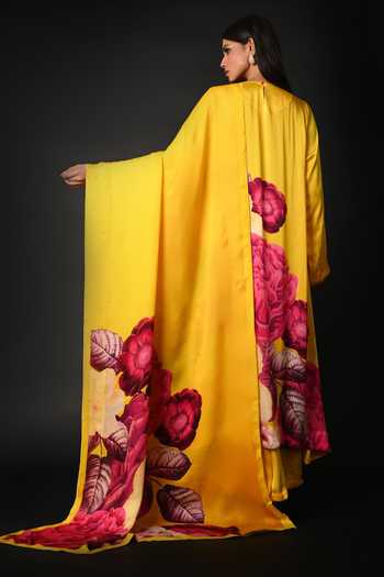 Shop_ISADAA BY ROTNA DUTT_Yellow Satin, Georgette, Organza Round Digital Print Kurta, Pant And Dupatta Set _at_Aza_Fashions