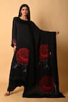 ISADAA BY ROTNA DUTT_Black Satin, Georgette, Organza Digital Rose Print Kurta Pant Dupatta Set _Online_at_Aza_Fashions