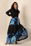 Buy_ISADAA BY ROTNA DUTT_Black Satin, Organza Collared Digital Printed Skirt And Pleated Shirt _at_Aza_Fashions