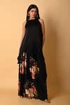 Buy_ISADAA BY ROTNA DUTT_Black Satin, Georgette Halter Neck Digital Printed Floral Skirt And Top Set _at_Aza_Fashions