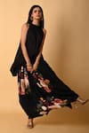 ISADAA BY ROTNA DUTT_Black Satin, Georgette Halter Neck Digital Printed Floral Skirt And Top Set _Online_at_Aza_Fashions