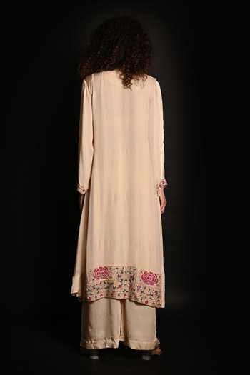 Shop_ISADAA BY ROTNA DUTT_Ivory Satin, Georgette, Organza Sequins, Beads, Cutdana Kurta Pant Jacket Set _at_Aza_Fashions