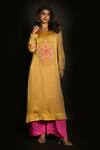 Buy_ISADAA BY ROTNA DUTT_Yellow Satin, Georgette Embroidery, Sequins Round Neck And Cutdana Kurta Set _at_Aza_Fashions