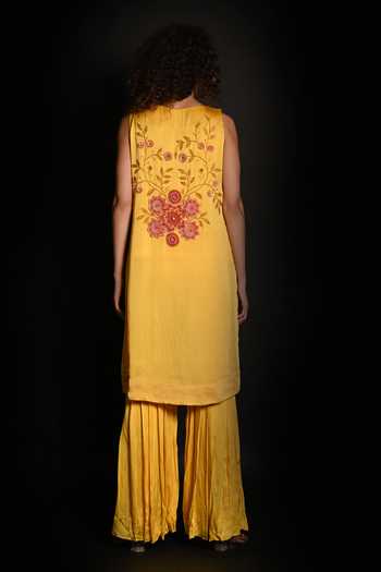 Shop_ISADAA BY ROTNA DUTT_Yellow Satin, Georgette Sequins, Beads, Floral And Cutdana Sharara Set _at_Aza_Fashions
