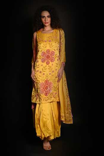 ISADAA BY ROTNA DUTT_Yellow Satin, Georgette Sequins, Beads, Floral And Cutdana Sharara Set _Online_at_Aza_Fashions