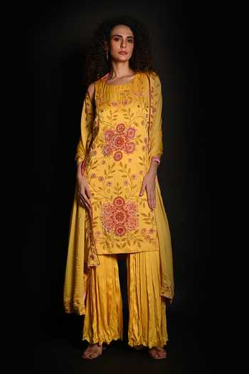 Buy_ISADAA BY ROTNA DUTT_Yellow Satin, Georgette Sequins, Beads, Floral And Cutdana Sharara Set _at_Aza_Fashions