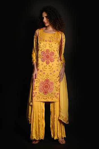 Buy_ISADAA BY ROTNA DUTT_Yellow Satin, Georgette Sequins, Beads, Floral And Cutdana Sharara Set _Online_at_Aza_Fashions