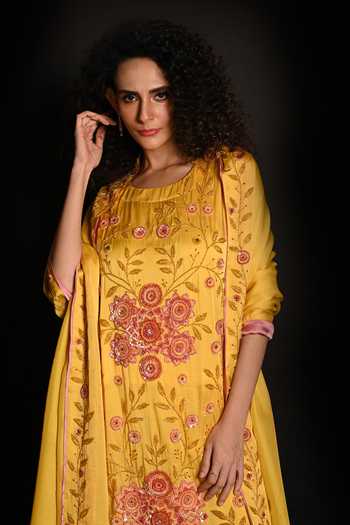 Shop_ISADAA BY ROTNA DUTT_Yellow Satin, Georgette Sequins, Beads, Floral And Cutdana Sharara Set _Online_at_Aza_Fashions