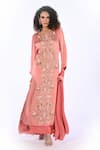 ISADAA BY ROTNA DUTT_Peach Georgette Sequins, Beads, Embroidery, Hand Kurta Palazzo And Dupatta Set _Online_at_Aza_Fashions
