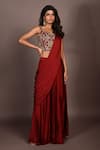 ISADAA BY ROTNA DUTT_Red Satin, Georgette Sequins, Beads, Embroidery And Cutdana Hand Saree Set _Online_at_Aza_Fashions