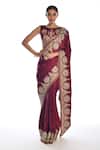Buy_ISADAA BY ROTNA DUTT_Red Satin, Organza Embroidery, Zari Round Neck Zardosi Hand Saree And Blouse _at_Aza_Fashions