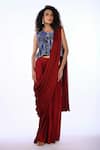 Buy_ISADAA BY ROTNA DUTT_Red Satin, Georgette Sequins, And Cutdana Embroidered Blouse & Pre-draped Saree _at_Aza_Fashions