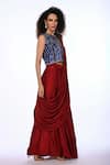 ISADAA BY ROTNA DUTT_Red Satin, Georgette Sequins, And Cutdana Embroidered Blouse & Pre-draped Saree _Online_at_Aza_Fashions