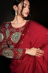 Shop_ISADAA BY ROTNA DUTT_Red Satin, Georgette Sequins, Beads, Embroidery Round Neck And Saree Set _at_Aza_Fashions
